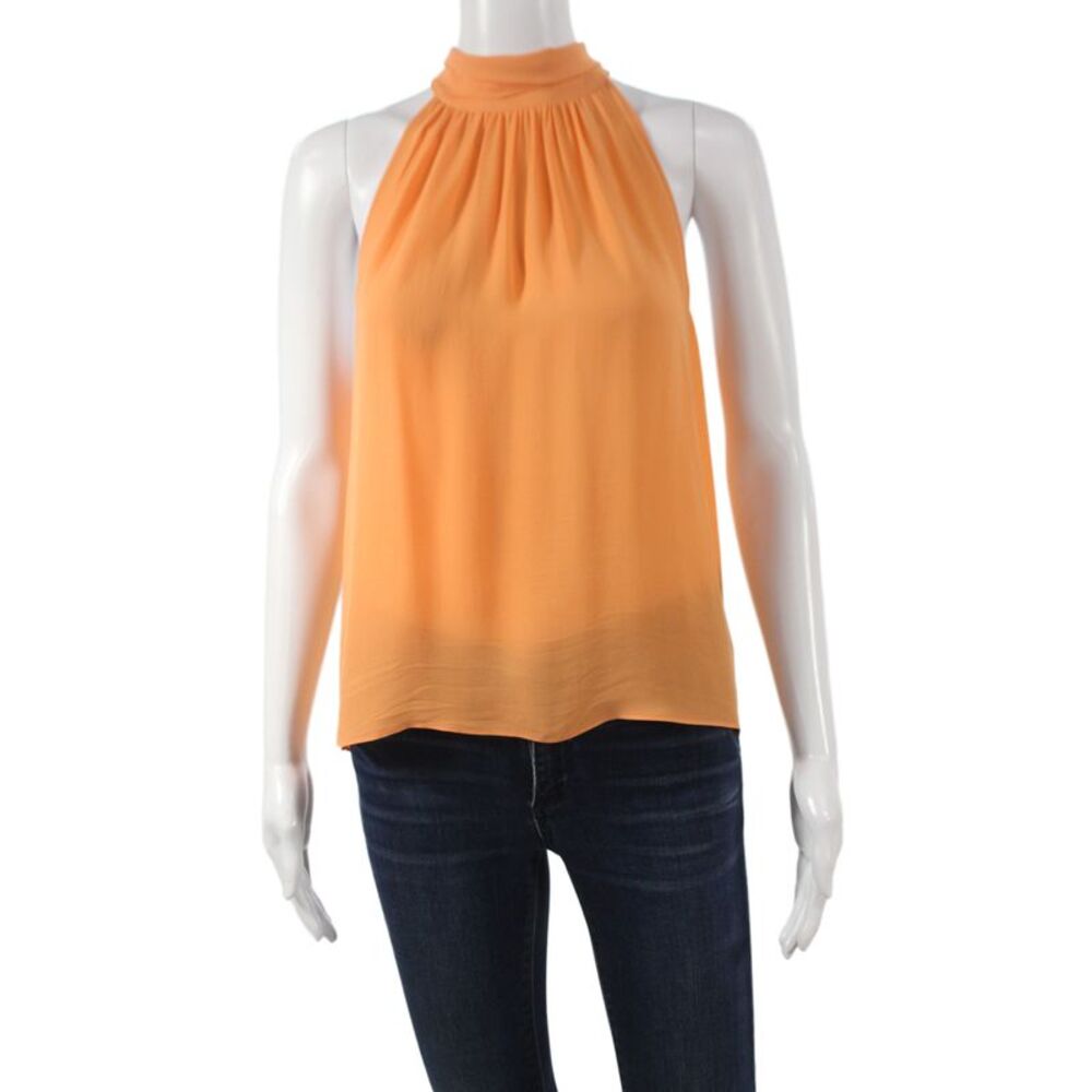Designer Women High Neck Tie Sleeveless Blouse Orange Polyester Size S